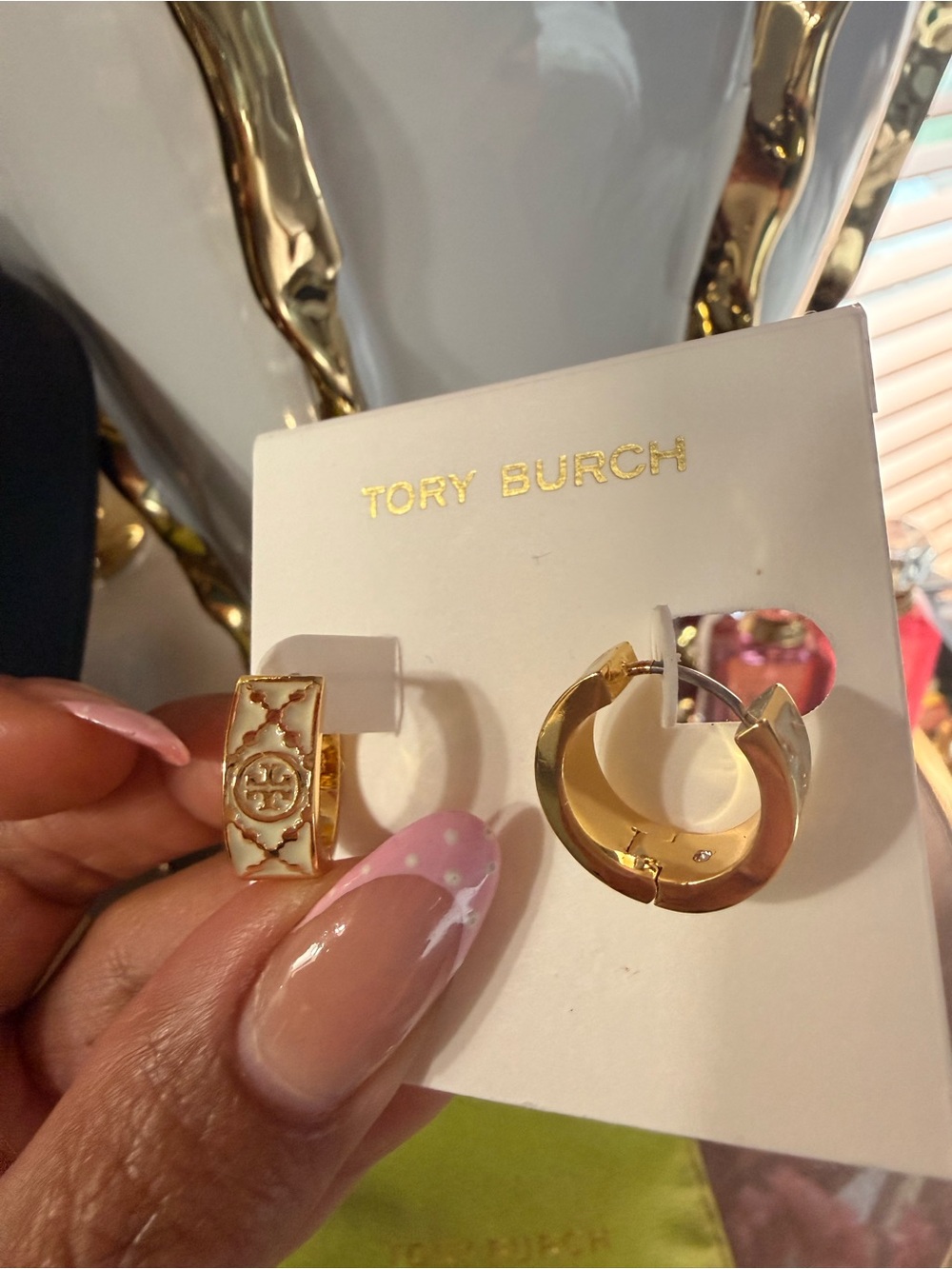 Tory Burch Gold & White Miller Logo Enamel Hoop Huggie Earrings